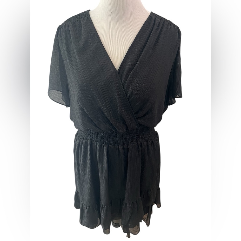 Michael Kors Black V-Neck Short Sleeve Smocked Waist Dress Top